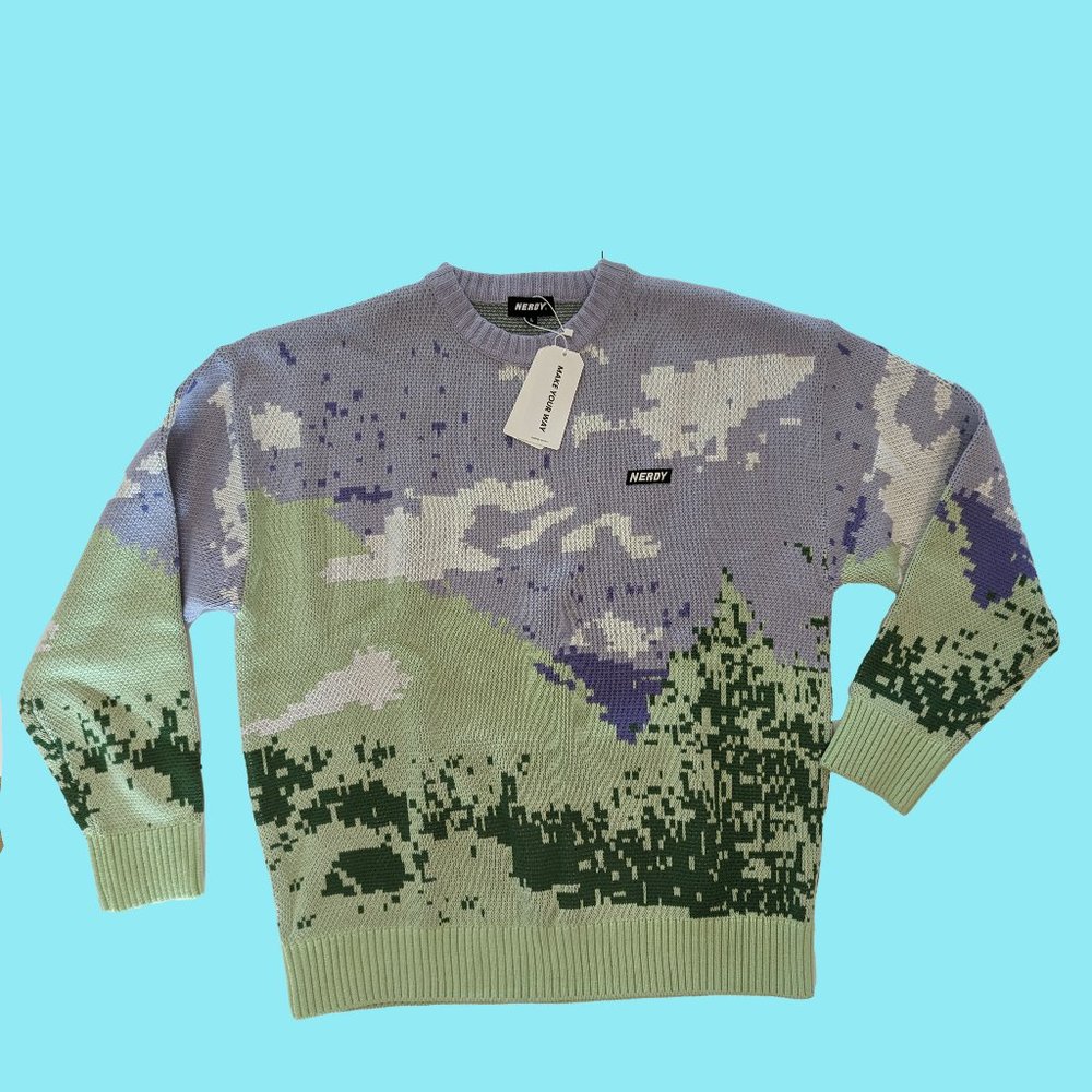 NWT Nerdy Mountain Green Sweater Sz L Nature Knit Outdoor Pixel Art Purple